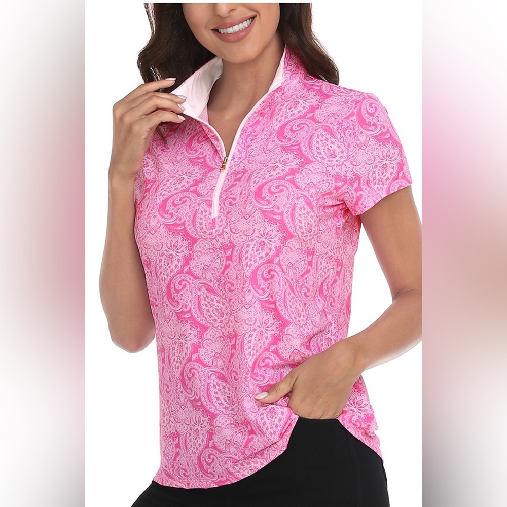 LRD Women's Short Sleeve Golf Polo Shirts UPF 30 Pink Paisley / White S